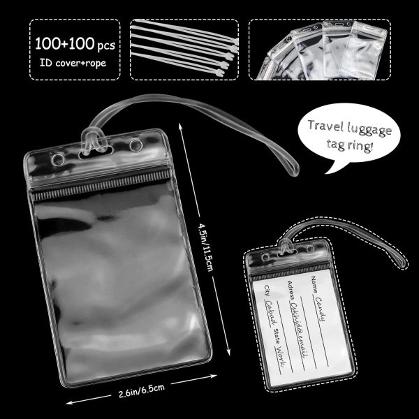 WYOMER 100 Pieces Clear ID Card Holder Plastic Luggage Bag Tag Holder Badge Label Tag Holder with 100 Pack Luggage Tag Loop Straps for Office Business Travel Supplies - Image 2