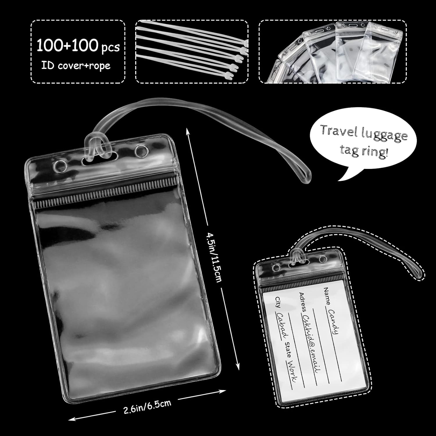 WYOMER 100 Pieces Clear ID Card Holder Plastic Luggage Bag Tag Holder Badge Label Tag Holder with 100 Pack Luggage Tag Loop Straps for Office Business Travel Supplies - Image 2