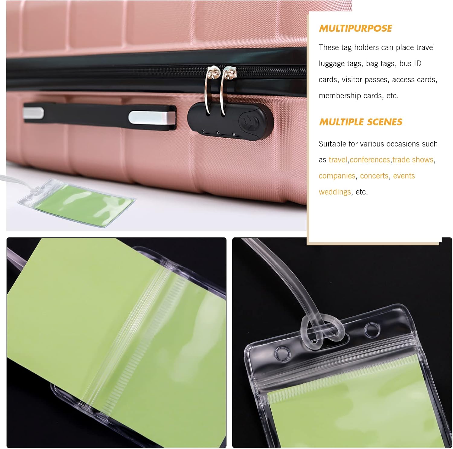 WYOMER 100 Pieces Clear ID Card Holder Plastic Luggage Bag Tag Holder Badge Label Tag Holder with 100 Pack Luggage Tag Loop Straps for Office Business Travel Supplies - Image 5