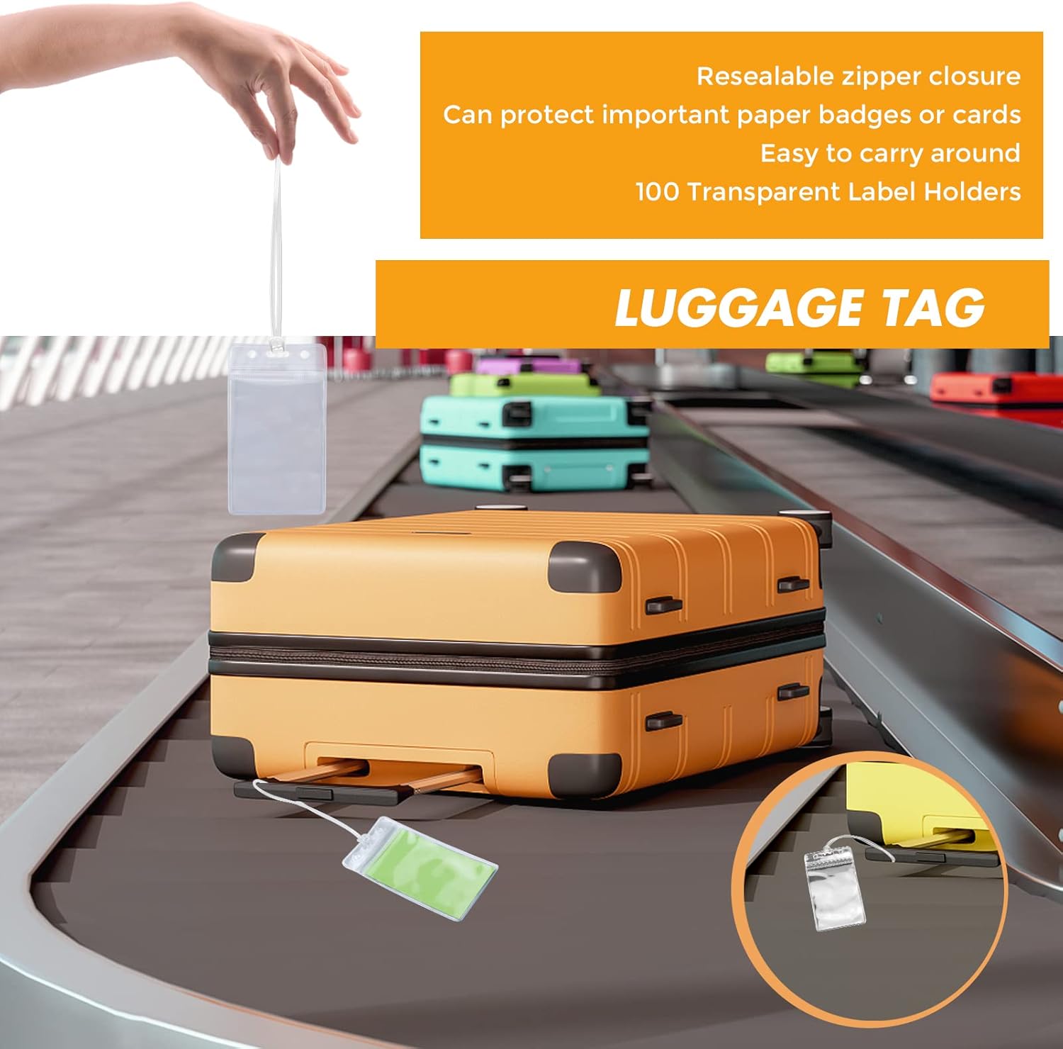 WYOMER 100 Pieces Clear ID Card Holder Plastic Luggage Bag Tag Holder Badge Label Tag Holder with 100 Pack Luggage Tag Loop Straps for Office Business Travel Supplies - Image 6