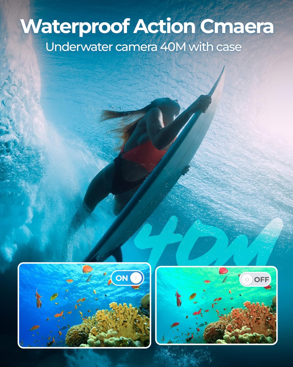 4K 60FPS Action Camara - Waterproof Camera with 64G SD Card 48MP HD WIFI Camera with EIS 40M Underwater Camera Wide Angle Sports Camera with 2*1350 mAh Batteries Helmet Mount Accessories Kits - Image 2