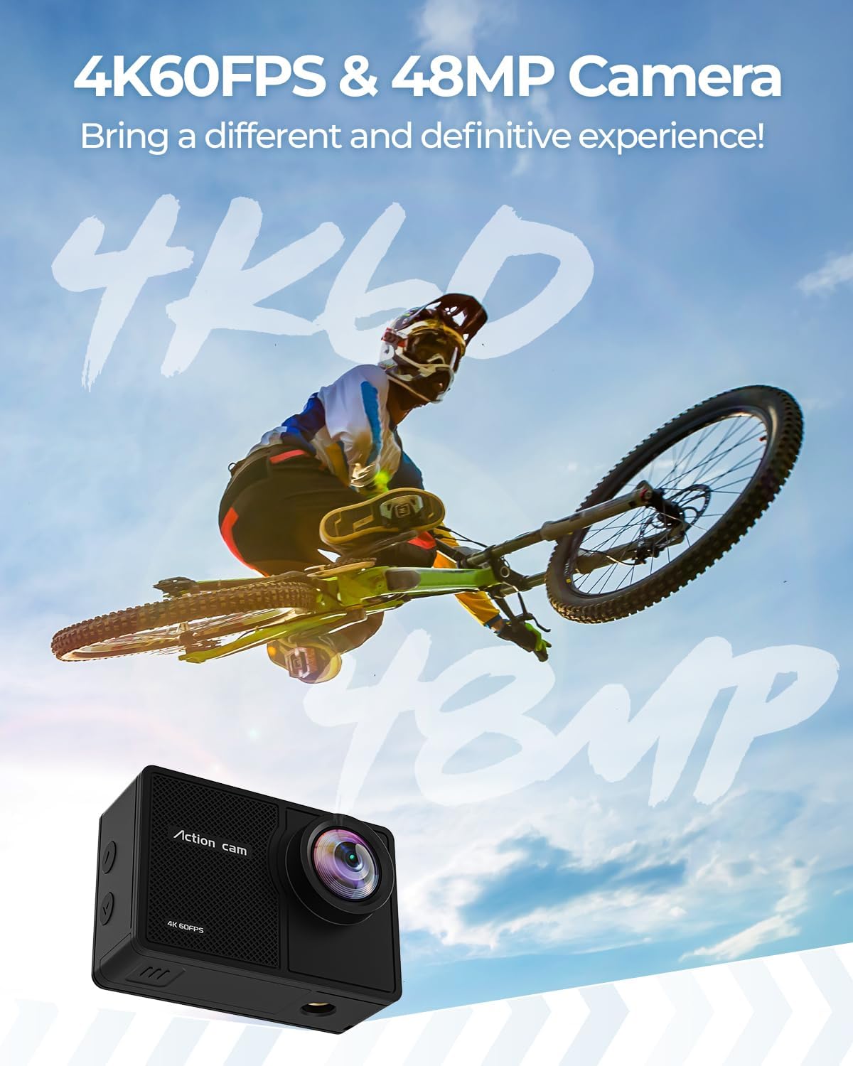4K 60FPS Action Camara - Waterproof Camera with 64G SD Card 48MP HD WIFI Camera with EIS 40M Underwater Camera Wide Angle Sports Camera with 2*1350 mAh Batteries Helmet Mount Accessories Kits - Image 3