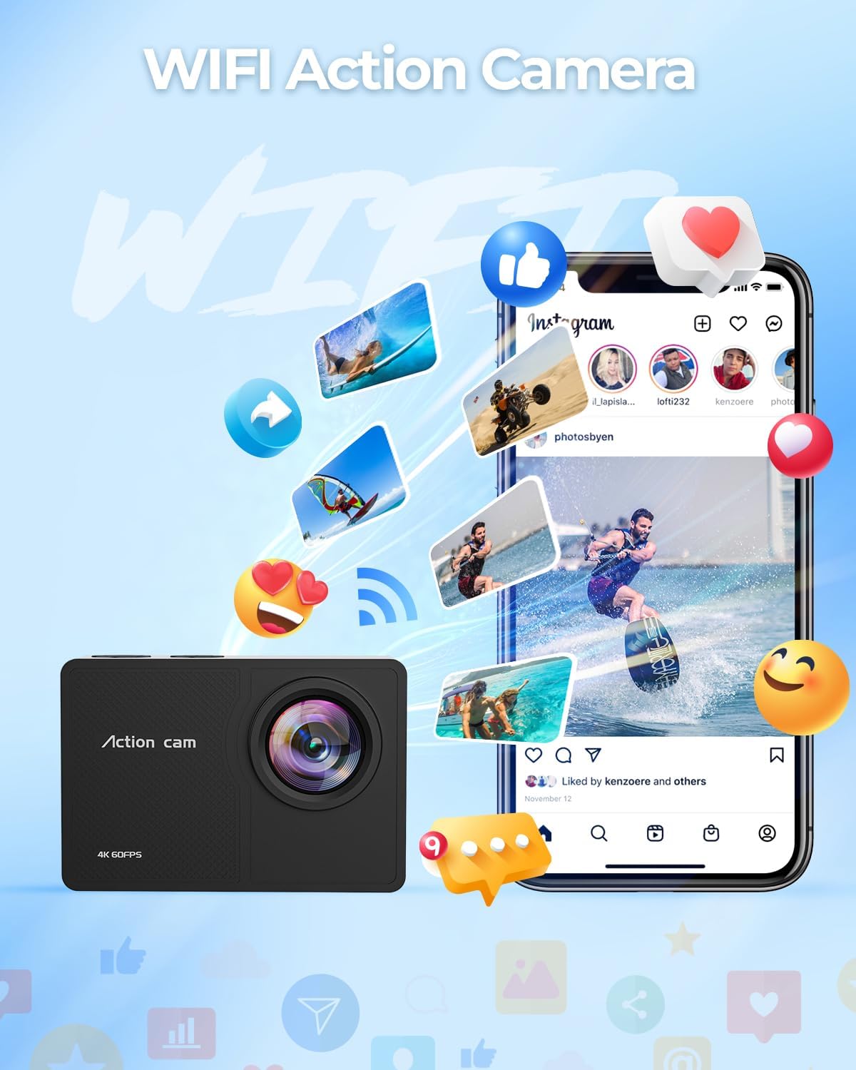 4K 60FPS Action Camara - Waterproof Camera with 64G SD Card 48MP HD WIFI Camera with EIS 40M Underwater Camera Wide Angle Sports Camera with 2*1350 mAh Batteries Helmet Mount Accessories Kits - Image 5