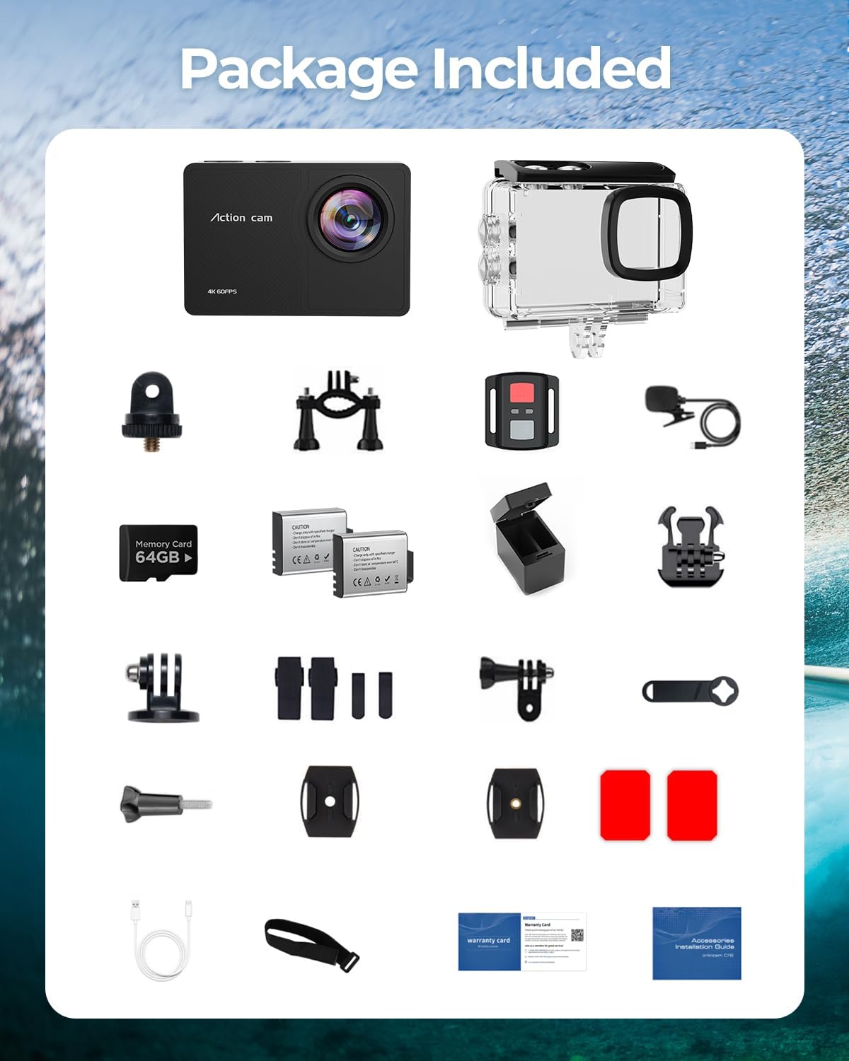 4K 60FPS Action Camara - Waterproof Camera with 64G SD Card 48MP HD WIFI Camera with EIS 40M Underwater Camera Wide Angle Sports Camera with 2*1350 mAh Batteries Helmet Mount Accessories Kits - Image 6