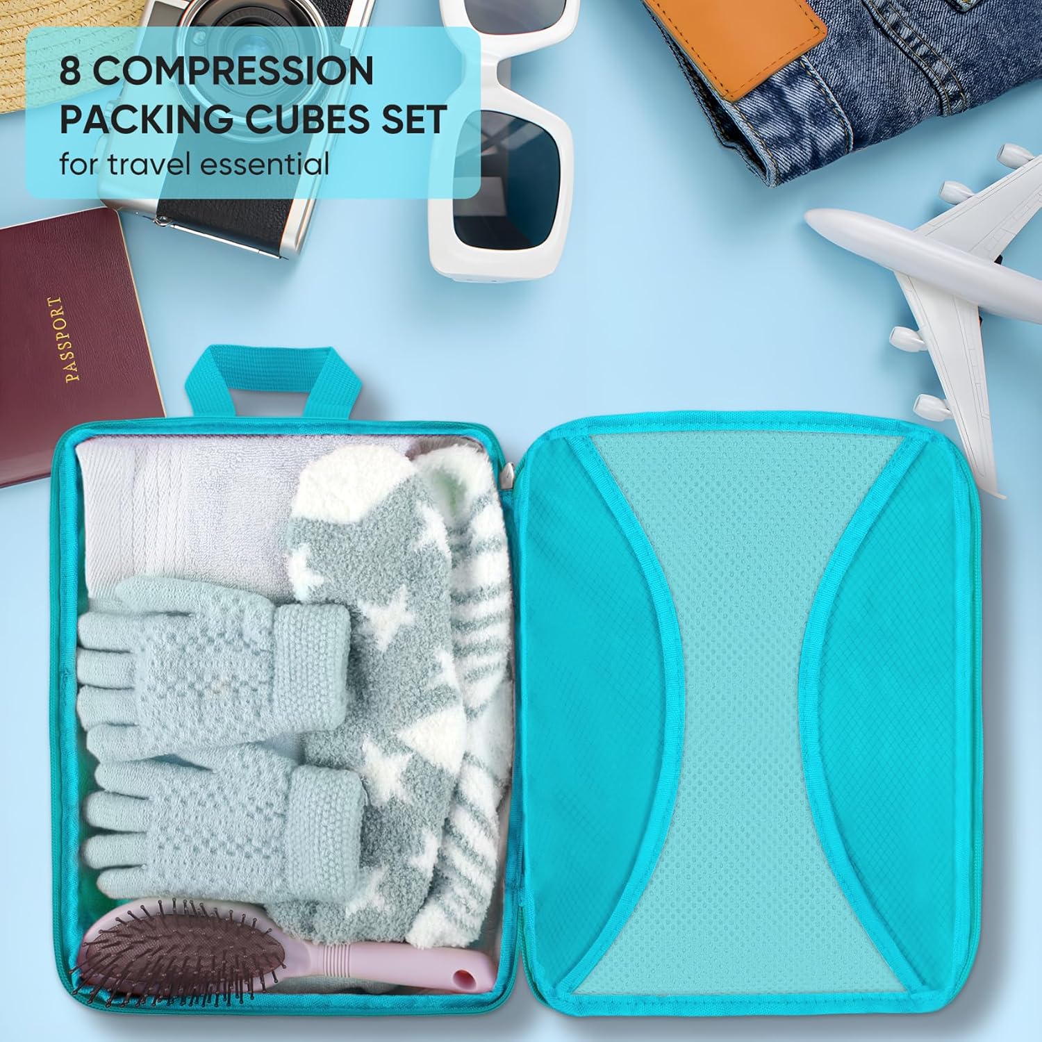 8 Set Compression Packing Cubes for Travel, Lightweight Compression Cubes for Suitcases, Expandable Suitcase Organizer with Shoes & Laundry Bags, Travel Accessories for Men Women - Image 6