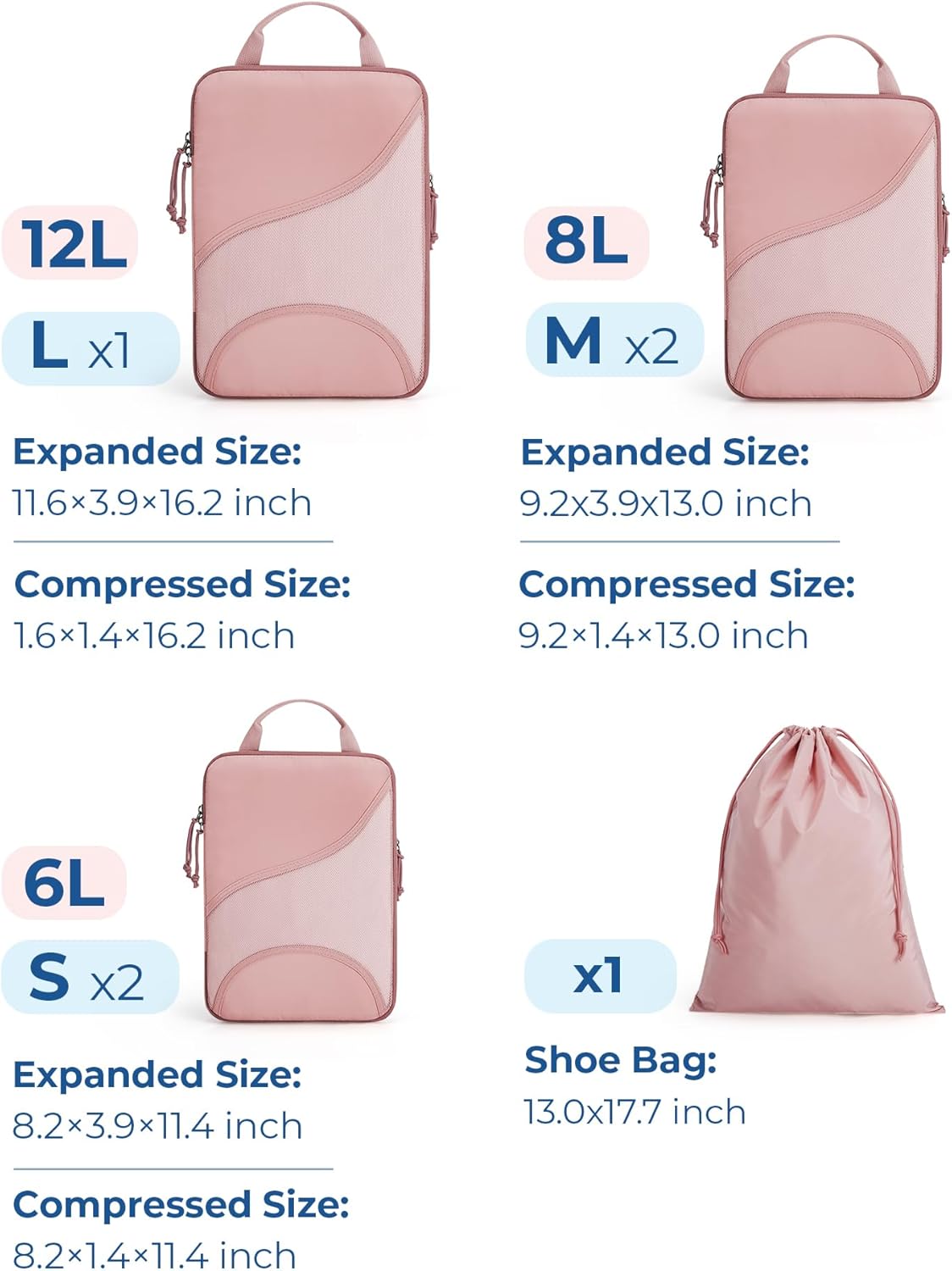 Compression Packing Cubes for Travel, 6 Set Travel Packing Cubes for Suitcases, Compression Suitcases Organizers Bag Set for Travel Essentials, Lightweight Packing Organizers with Shoe Bag - Image 2