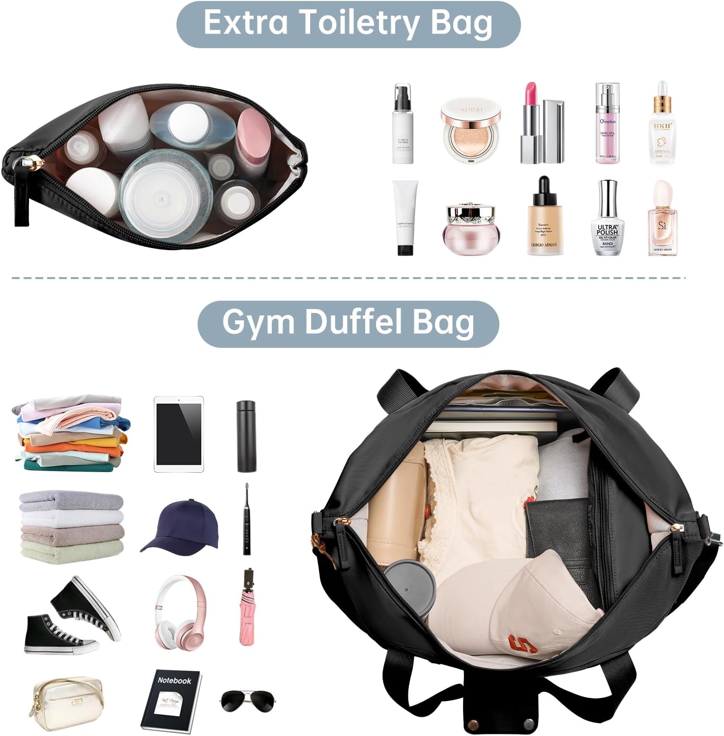 ETRONIK Gym Bag for Women, Personal Item Travel Bag with Shoes Compartment, Weekender Overnight Duffel Bag with Wet Pocket & USB Charging Port, Carry On Bag for Women, Travel, Gym, Weekend (Black) - Image 3