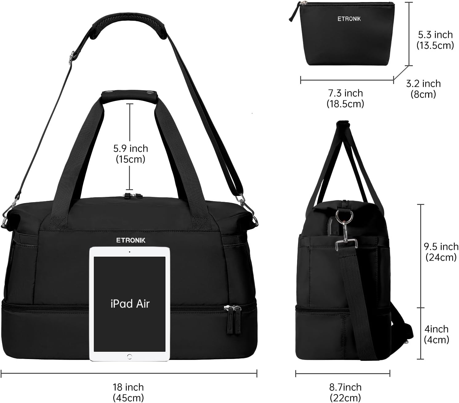 ETRONIK Gym Bag for Women, Personal Item Travel Bag with Shoes Compartment, Weekender Overnight Duffel Bag with Wet Pocket & USB Charging Port, Carry On Bag for Women, Travel, Gym, Weekend (Black) - Image 5
