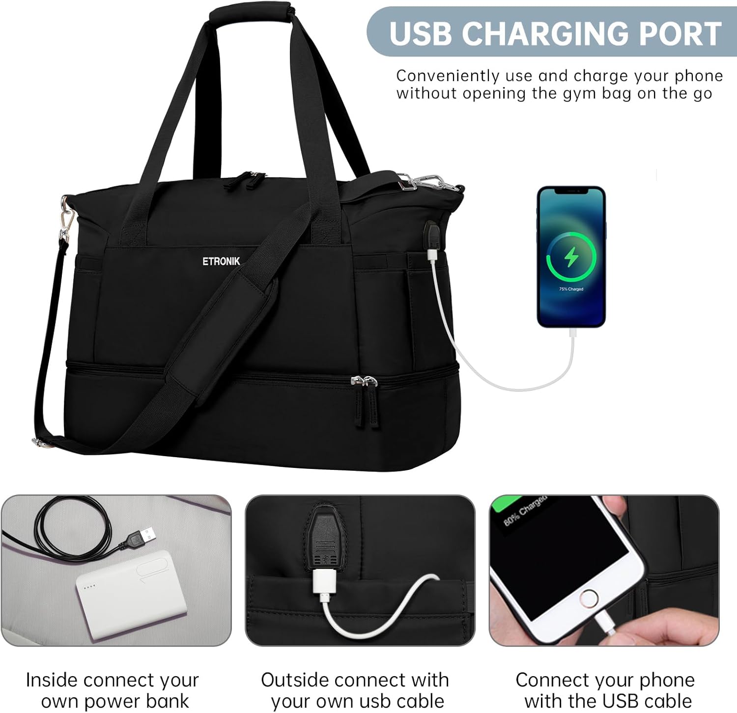 ETRONIK Gym Bag for Women, Personal Item Travel Bag with Shoes Compartment, Weekender Overnight Duffel Bag with Wet Pocket & USB Charging Port, Carry On Bag for Women, Travel, Gym, Weekend (Black) - Image 6