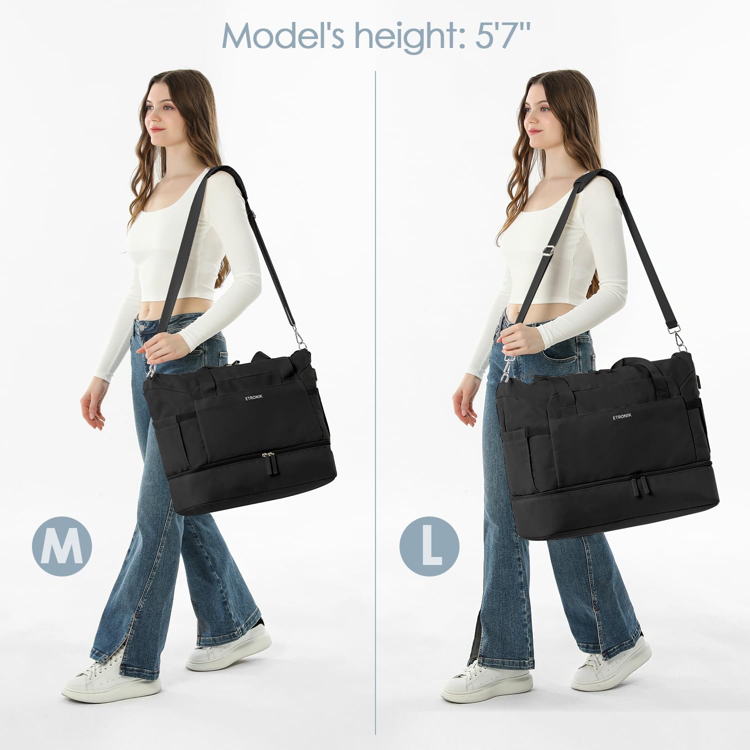 ETRONIK Gym Bag for Women, Personal Item Travel Bag with Shoes Compartment, Weekender Overnight Duffel Bag with Wet Pocket & USB Charging Port, Carry On Bag for Women, Travel, Gym, Weekend (Black) - Image 7