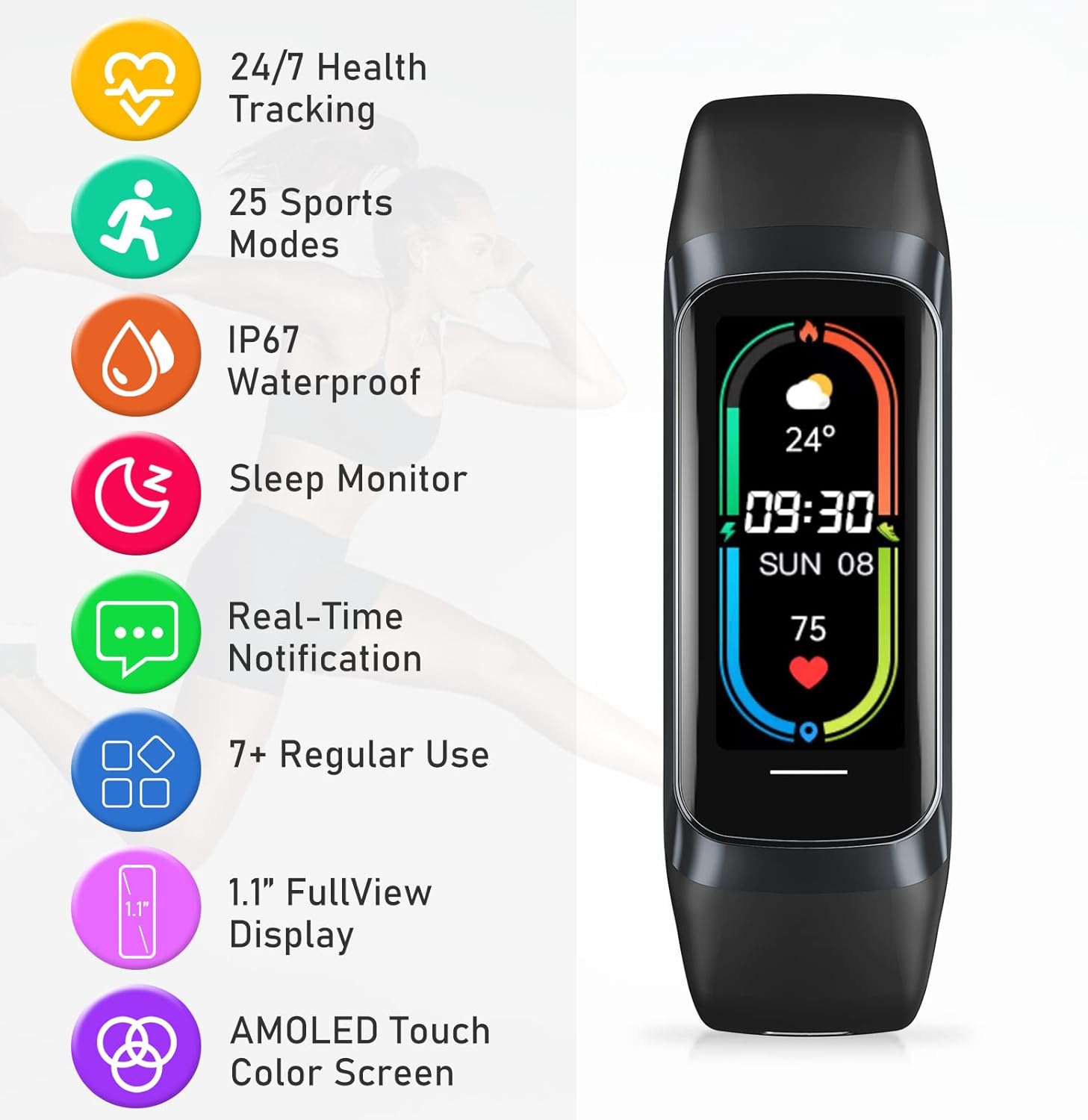 Fitness Tracker for Men and Women,Fitness Watch Waterproof with Activity Tracker and Sleep Monitor,Smart Watch for Android and iOS Phones - Image 2