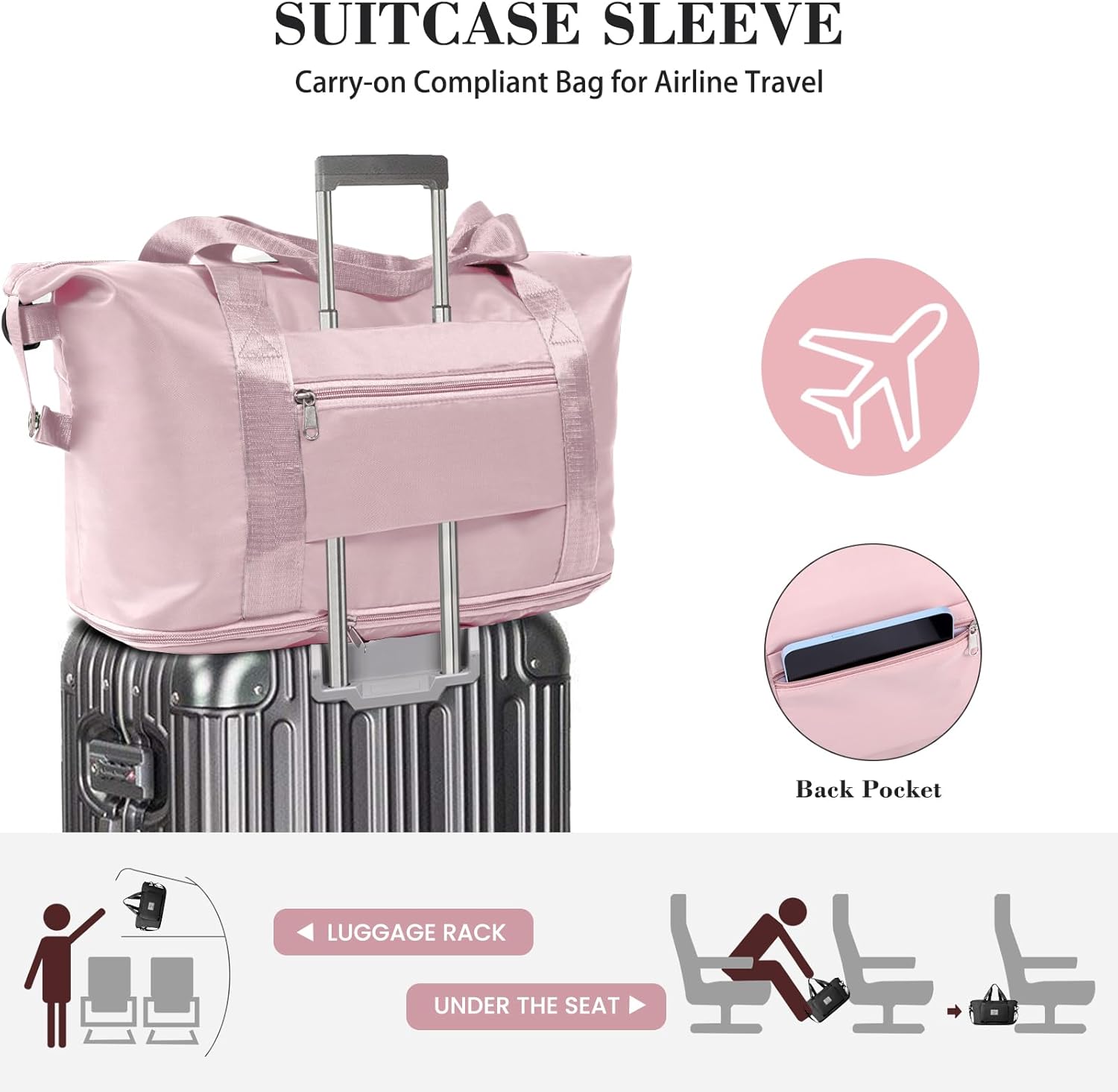 Travel Duffel Bag - Large Shoulder Weekender Overnight Bag, Carry on Bag with Wet Pocket, Waterproof Expandable Duffel Bag with Trolley Sleeve, Sports Tote Gym Bag for Women, Pink - Image 4